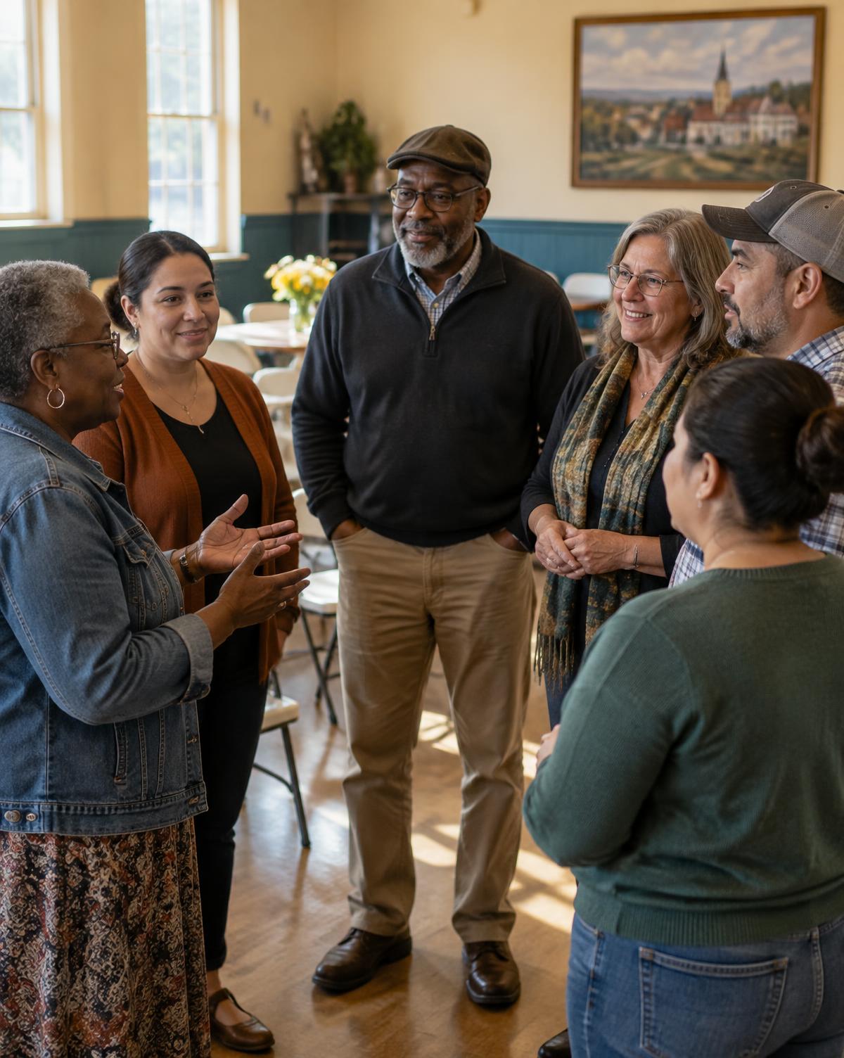 Community members and local leaders talking together at a monthly gathering