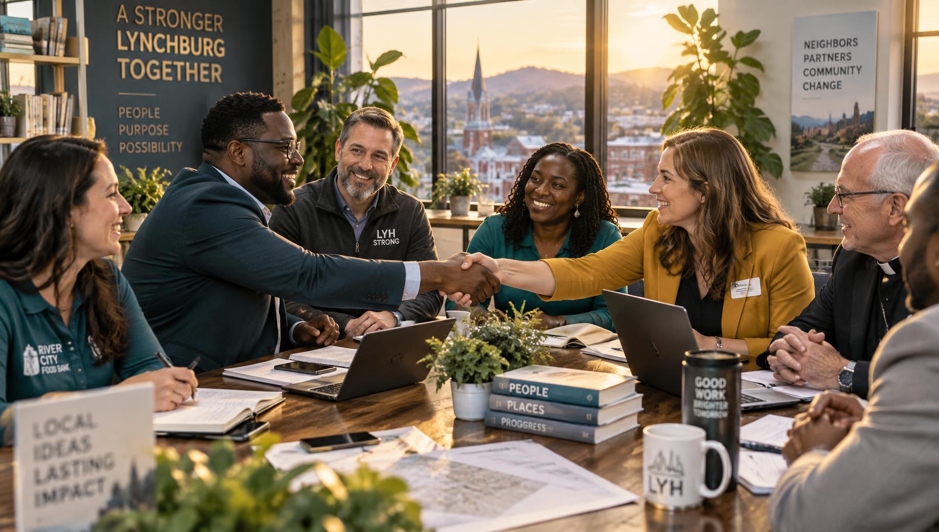 Diverse community leaders collaborating around a table in Lynchburg
