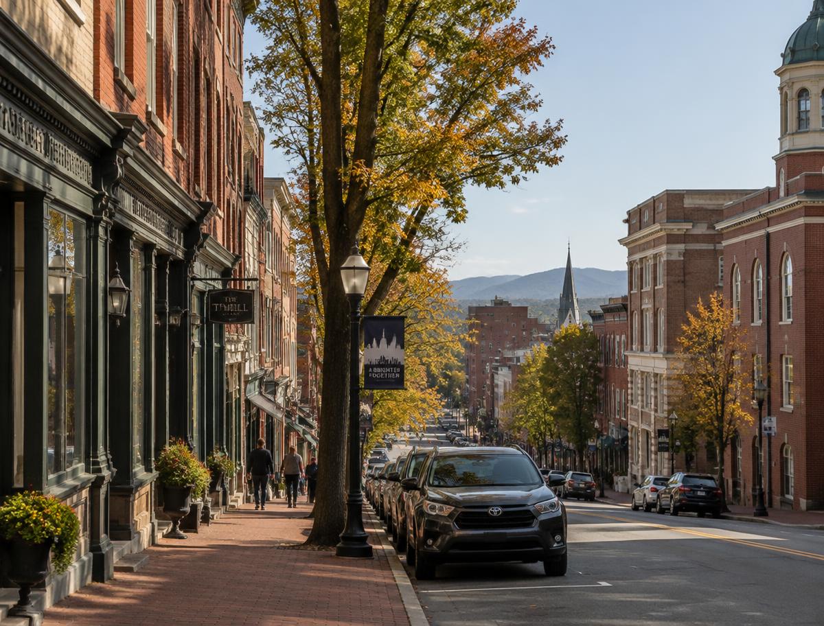 Historic brick storefronts on a Lynchburg street in autumn