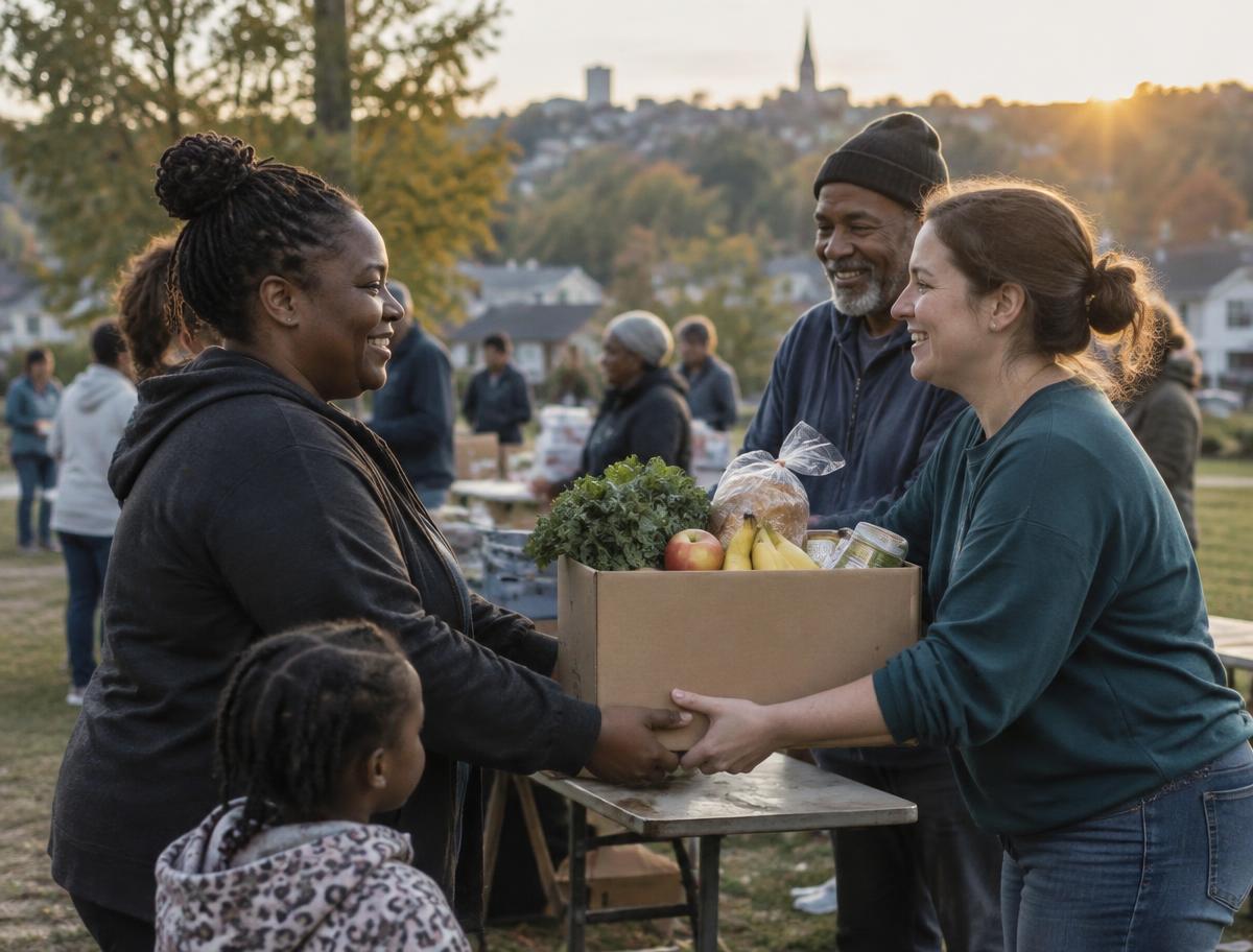 Neighbors sharing boxes of food at a community resource fair